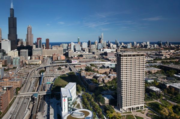aerial view of UIC campus with university hall and Chicago skyline