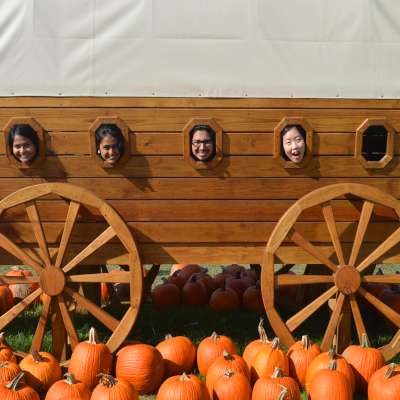 Four students poke their heads out of the windows of a covered wagon with orange pumpkins below.