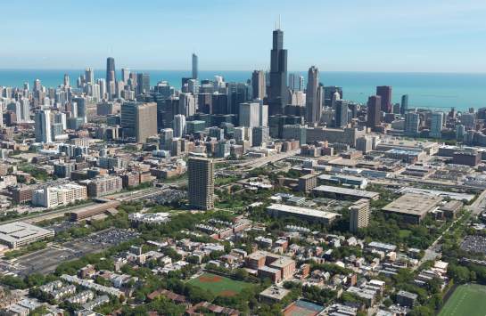aerial view of UIC campus with Chicago skyline