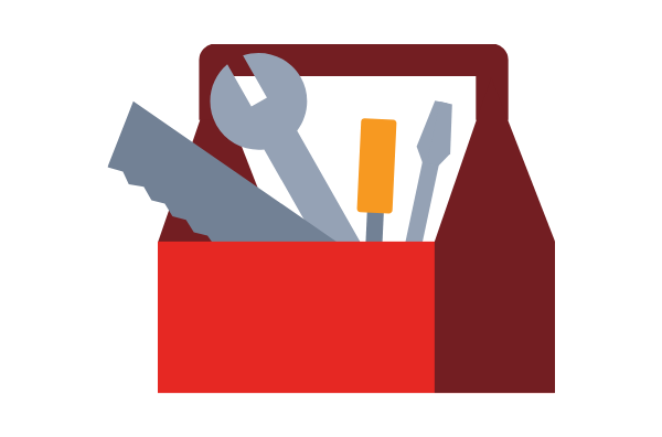 Illustration of a red toolbox with a saw, wrench, and two screw drivers.