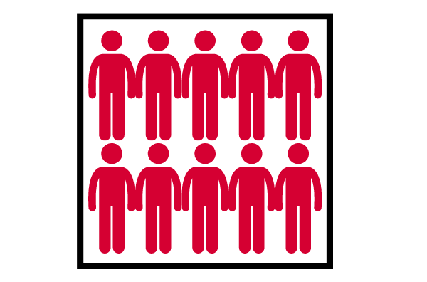 Group of people in silhouette, all red and in two lines inside a black box.