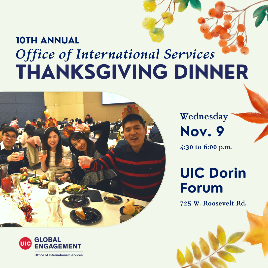 Thanksgiving Dinner Flyer: Four students sit at a table holding drinks up to the camera and smiling.