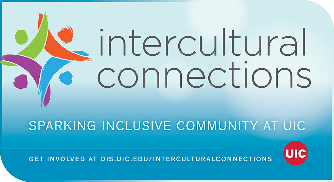 Intercultural Connections logo featuring four sets of stylized heads and arms linked to create a diamon shape.