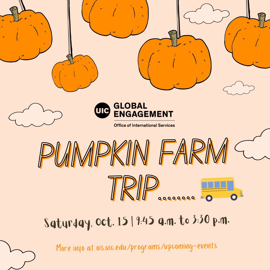 Pumpkin Farm Trip flyer. Five orange pumpkins hang from the top of the image OIS logo and trip details.