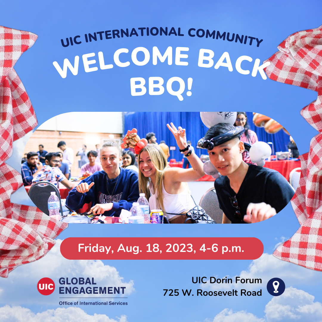Event Flyer: Blue sky background with white clouds. Elongated oval picture in the middle with three students sitting at a table smiling, wearing balloon hats. Red and white checkered tablecloth images flank the picture.