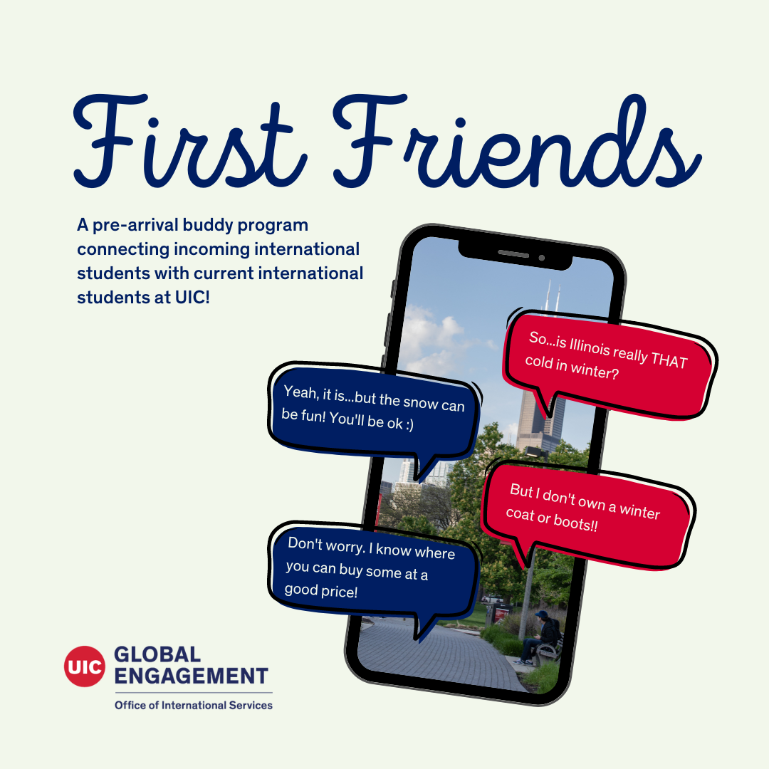 First Friends Program Flyer: A cell phone shows a text conversation between two people. 
