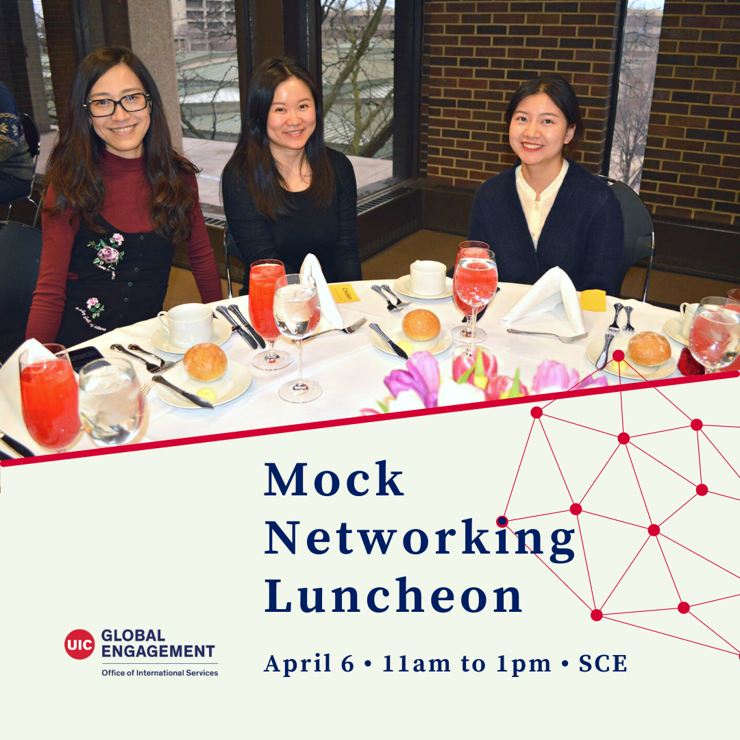 Three students sit at a table with formal place settings. Students are smiling at the camera. Event information is below in blue lettering over a cream background. A pattern of red dots connected by thin red lines is on the left.