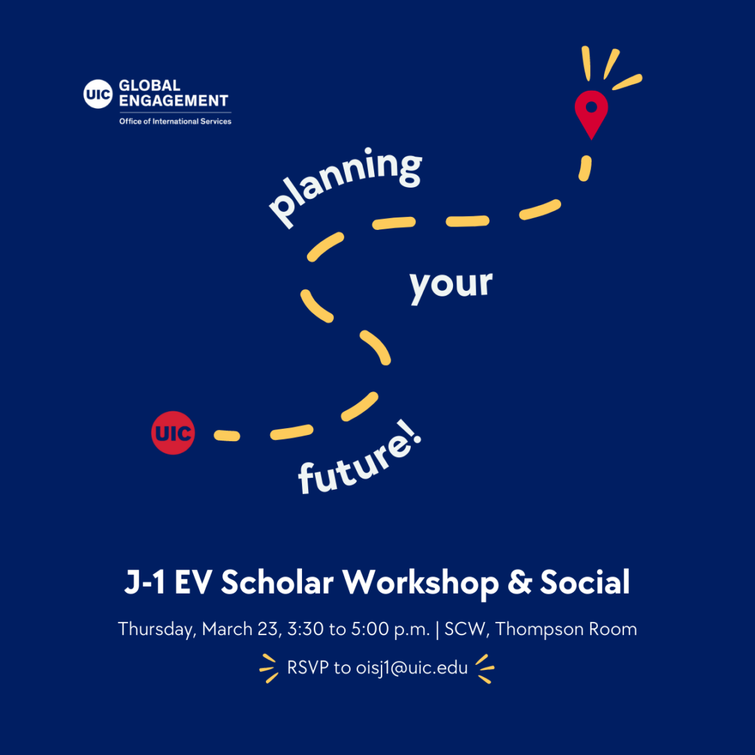 Event Flyer: Yellow dotted line curves from a red UIC circle mark to a red digital map pin. Planning Your Future is written along the line. Event details written in white on a all blue background.