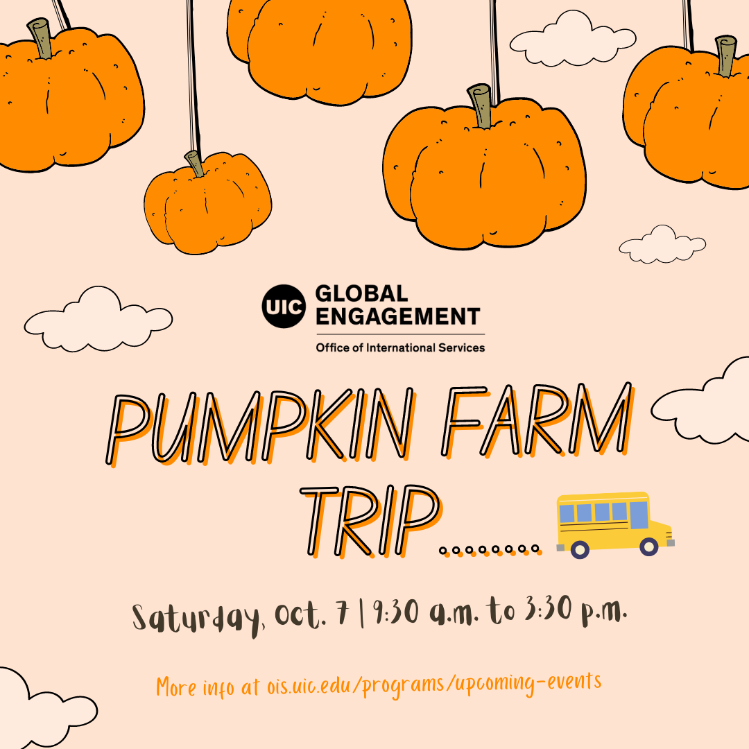 Pumpkin Farm Trip flyer. Five orange pumpkins hang from the top of the image. OIS logo along with details of the event date and time.