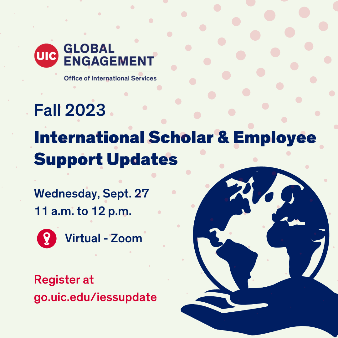 Event flyer: The blue outline of a hand holds the outline of a globe. Event name and details in blue and red on an off-white background.