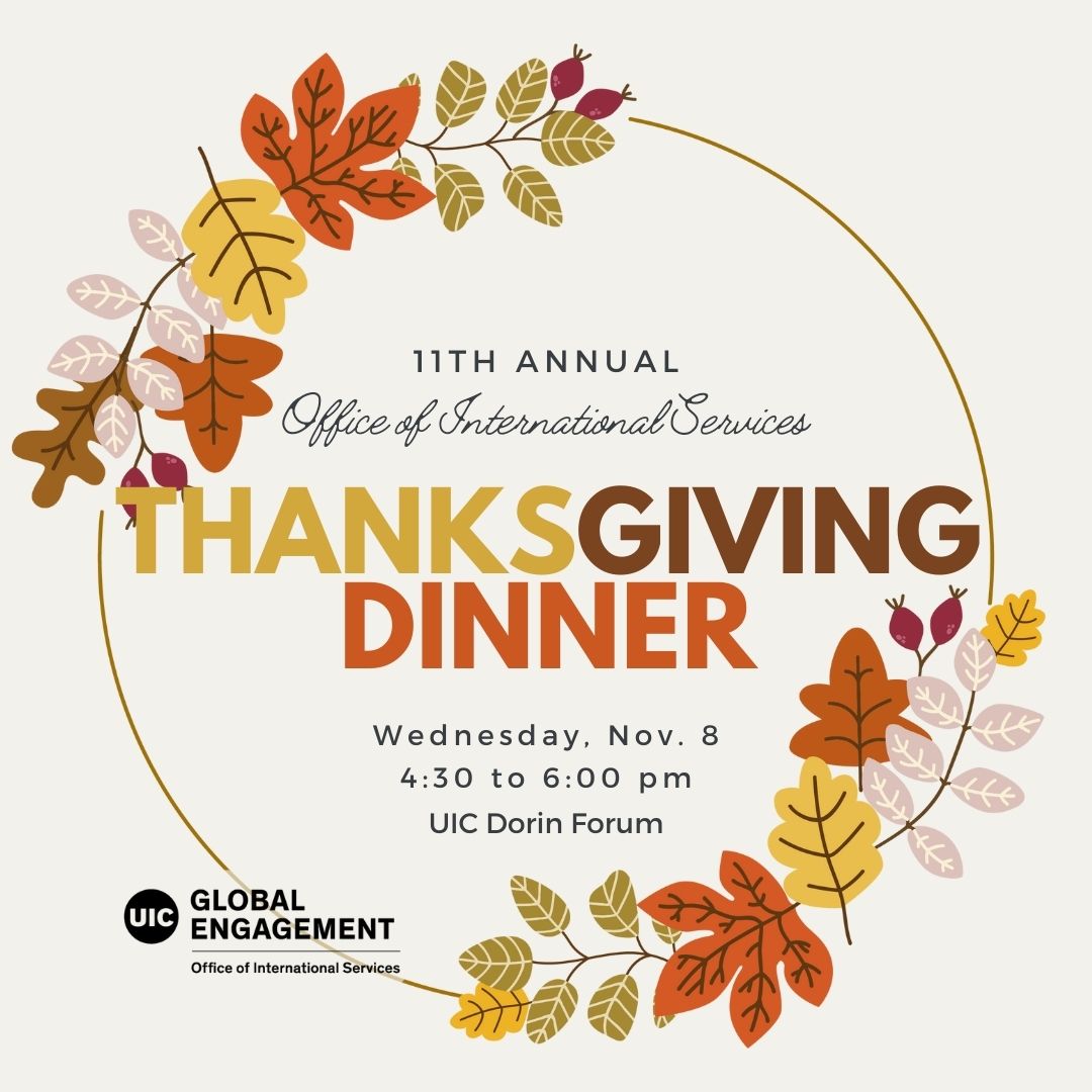 Thanksgiving Dinner Flyer: Illustrated wreath of fall leaves in red, orange, pink, and brown circle the event information. OIS logo in the bottom left corner.
